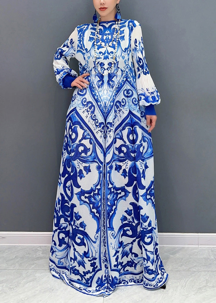 Summer New Blue and White Porcelain Print Chiffon Pleated Long Dress