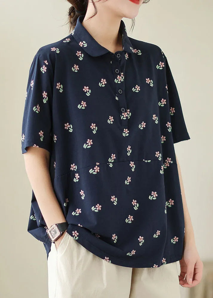 Navy Patchwork Cotton T Shirt Peter Pan Collar Summer