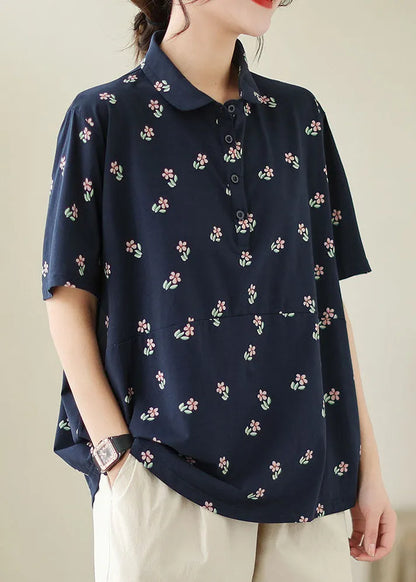 Navy Patchwork Cotton T Shirt Peter Pan Collar Summer