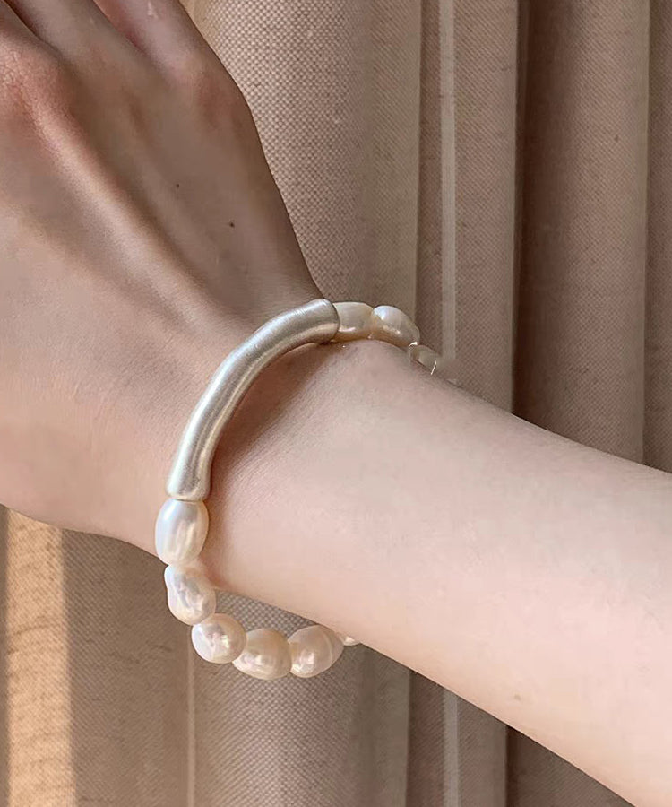 Stylish White 999 Silver Pearl Patchwork Elasticity Bracelet