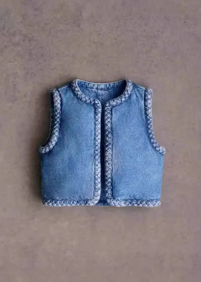 Blue O Neck Fine Cotton Filled Denim Vest Sleeveless