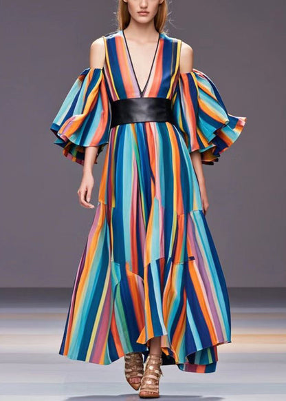 Rainbow Cold Shoulder Striped Cotton Cinched Dresses Fall