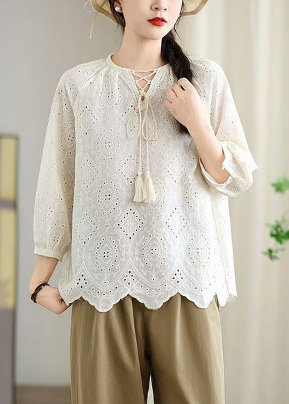 Beige Hollow Out Cotton Shirt Top Lace Up Bracelet Sleeve
