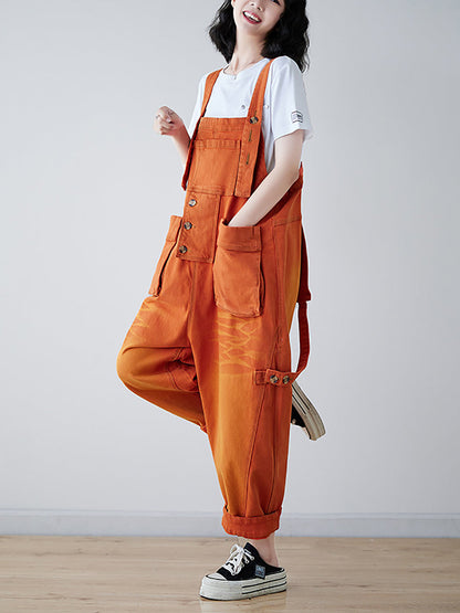 Spliced Washed Denim Loose Jumpsuits
