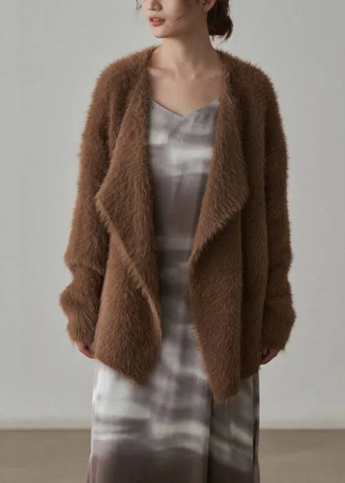 Coffee Chunky Mink Hair Knitted Cardigan V-neck Long Sleeve