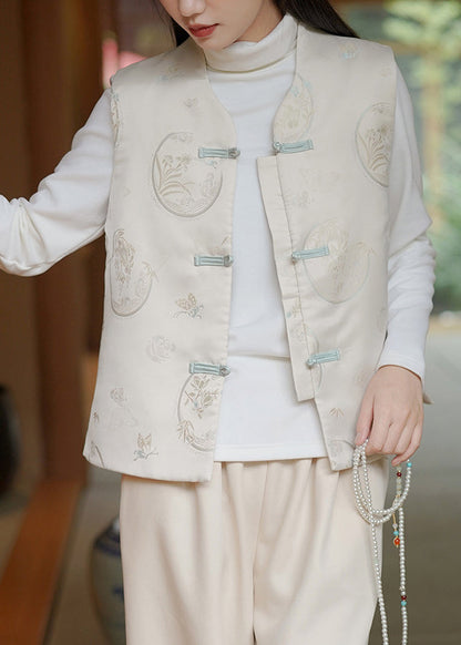 Unique Beige Oriental Button Jacquard Fine Cotton Filled Silk Vest Sleeveless