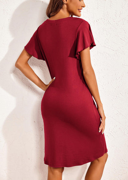 Wine Red Cotton Summer Pajamas Dresses V Neck