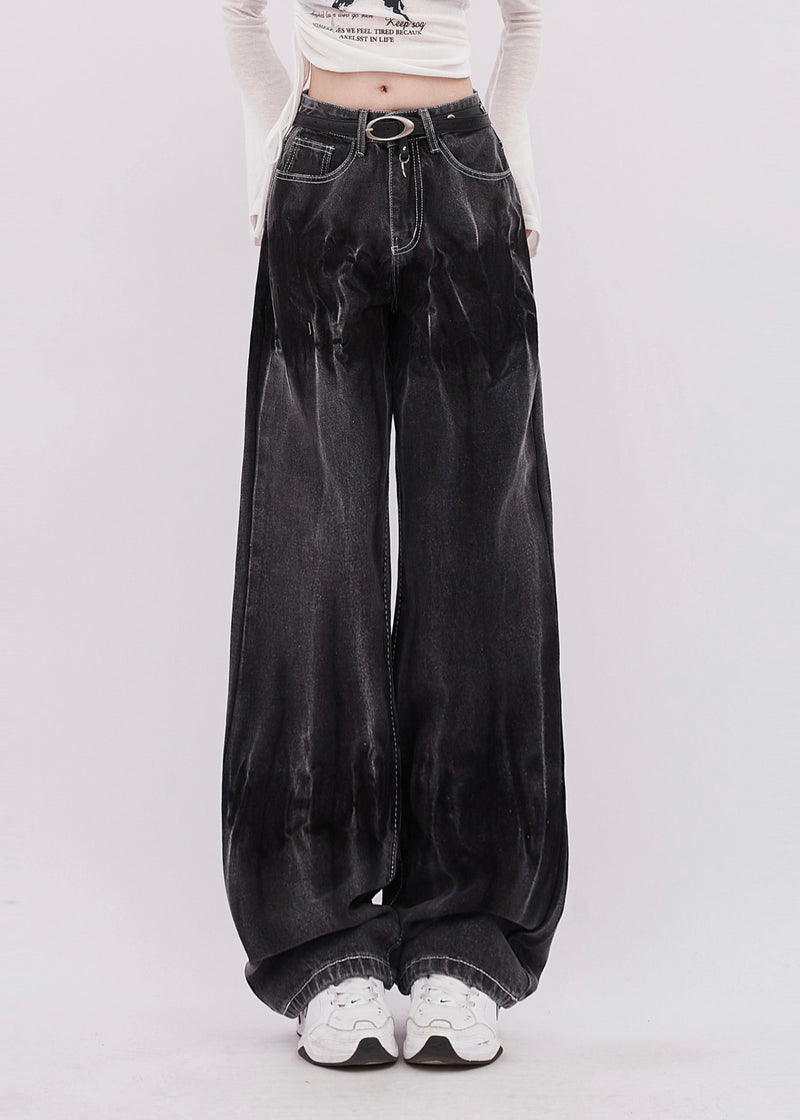 Black Tie Dye Denim Straight Pants Spring