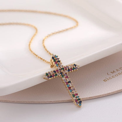 Zircon Rainbow Cross Necklace