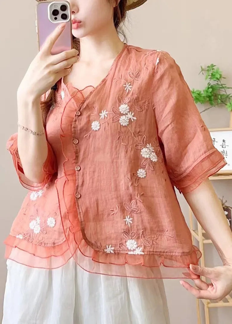 Chinese Style Orange Embroidered Ruffled Linen Blouses Half Sleeve