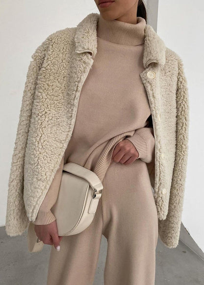 Style Khaki Hign Neck Lace Up Knit Two Pieces Set Winter