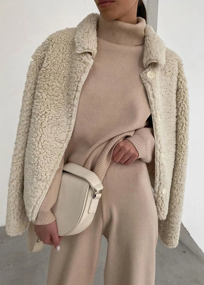 Style Khaki Hign Neck Lace Up Knit Two Pieces Set Winter