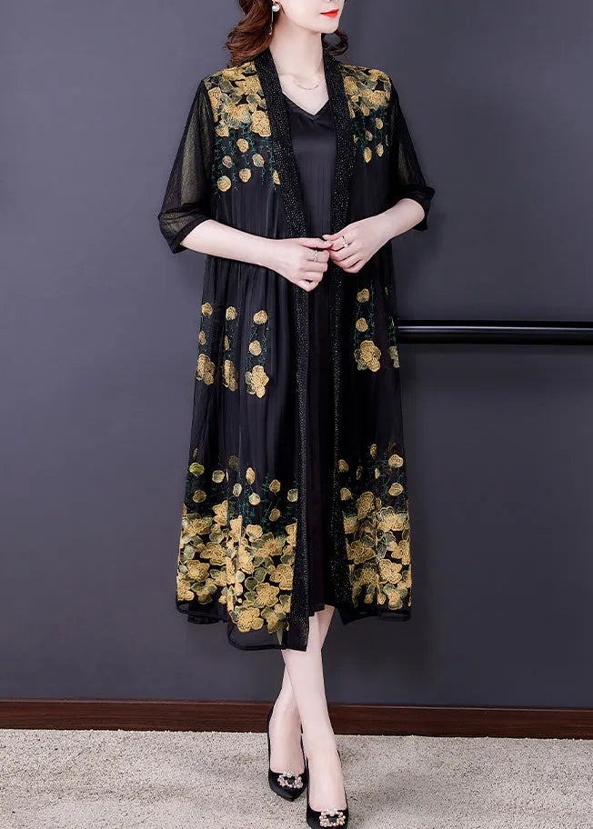 Novelty Yellow Embroideried Tulle Maxi Sunscreen Cardigan Short Sleeve