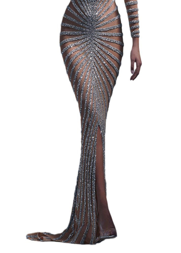New Silver Zircon Tulle Long Sleeved Slit Maxi Dress