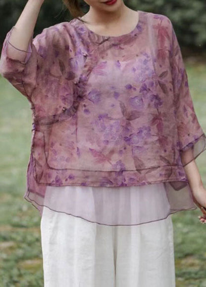 Purple Print Chinese Button Patchwork Linen Top Summer