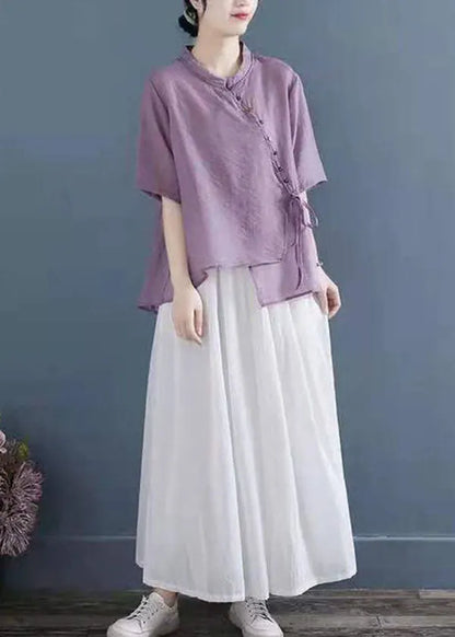 Purple Patchwork Shirt Top Chinese Style Button Half Sleeve