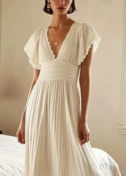 Silm Fit White Patchwork Lace Pleated Dress Summer