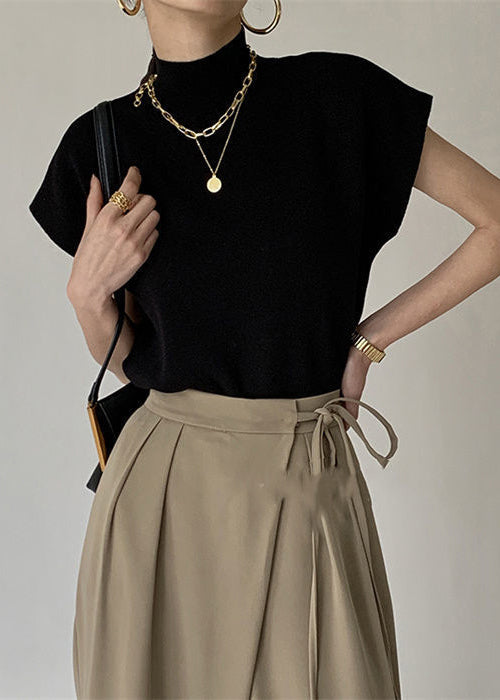 Classy Black Hign Neck Knit T Shirt Top Summer