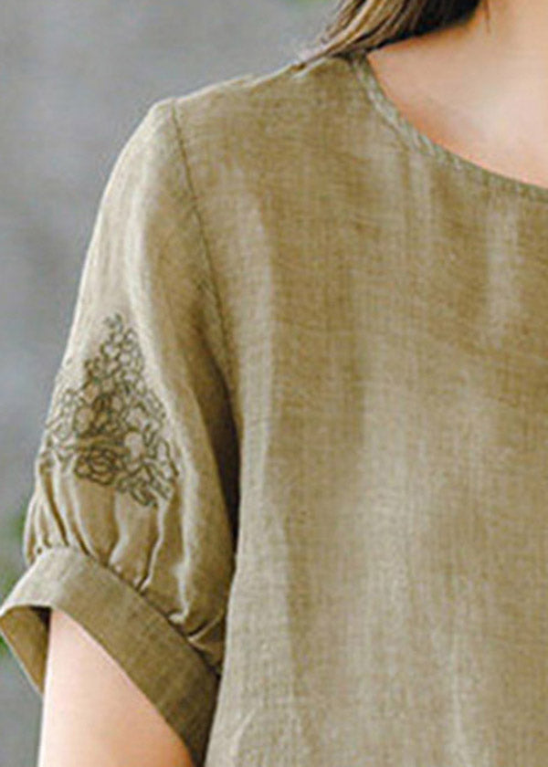 Grass Green O-neck Embroidered Ruffled Linen Tops Short Sleeve
