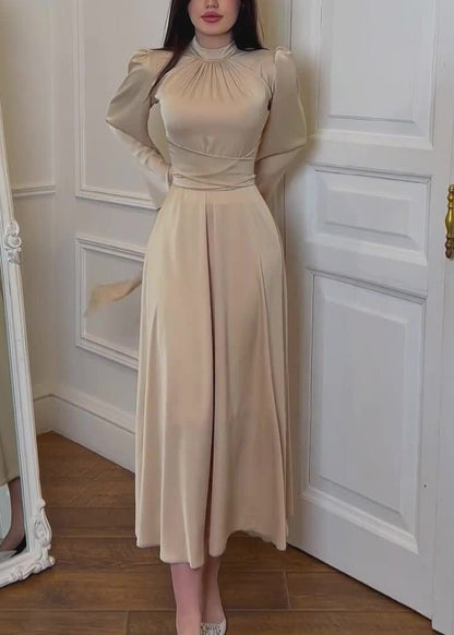 Apricot Stand Collar Lace Up Silk Dress Fall