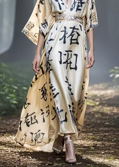 Khaki Cinched Print Silk Maxi Dresses Summer
