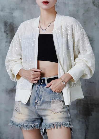 Beige Sequins Pockets Cotton Jackets Summer