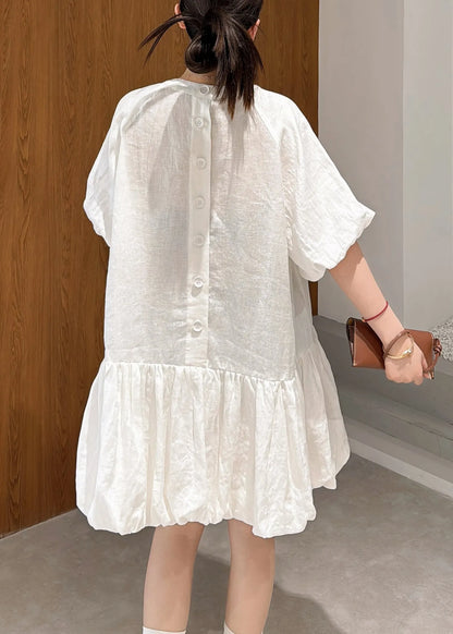 White Wrinkled Linen Mid Dress Puff Sleeve