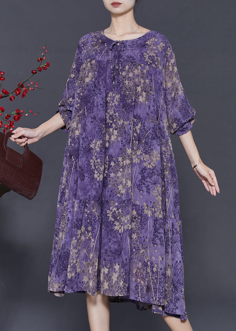 Purple Print Chiffon Maxi Dresses Oversized Fall
