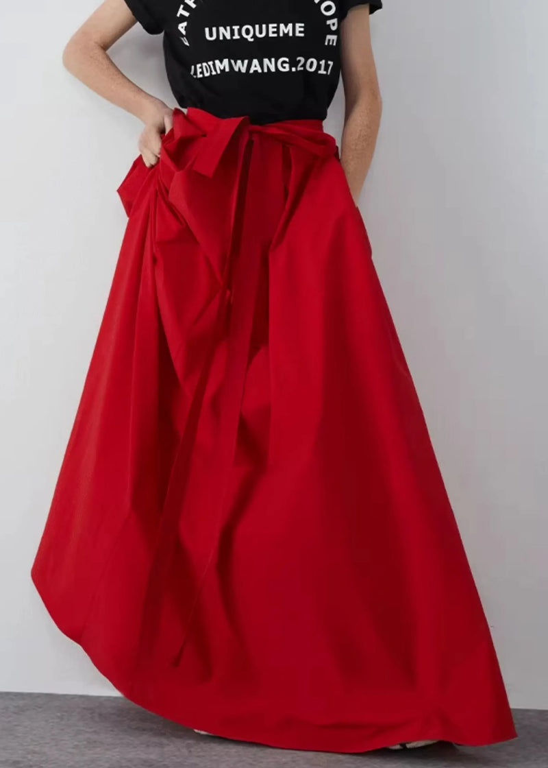 New Red Bow Pockets Cotton Maxi Skirts Summer