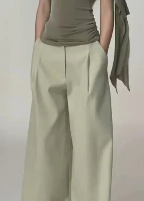 Simple Light Green Pockets High Waist Spandex Wide Leg Pants Fall