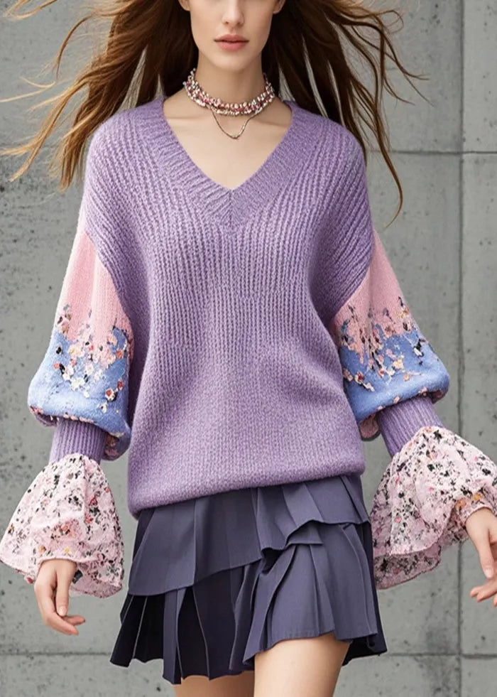 Lavender V Neck Patchwork Knit Shirts Flare Sleeve