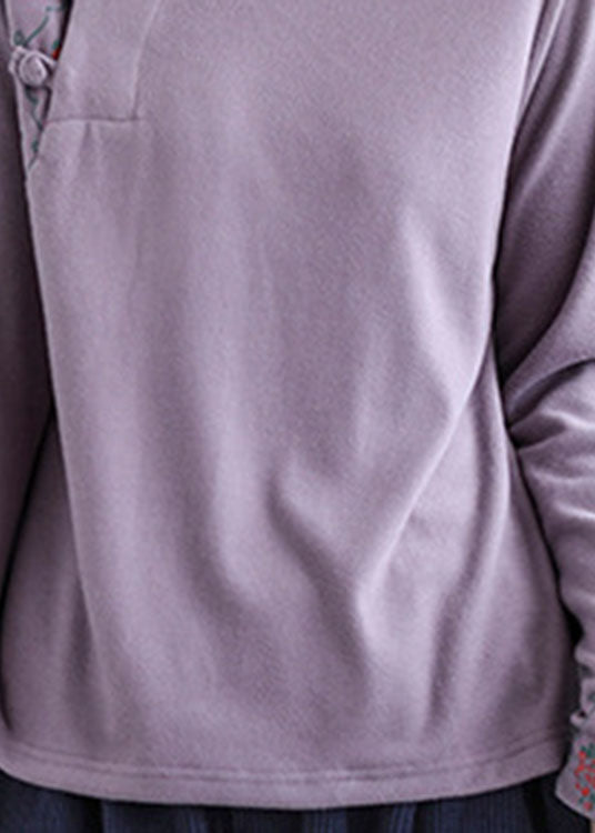 Modern Purple Embroidered Button Fall Cotton Top