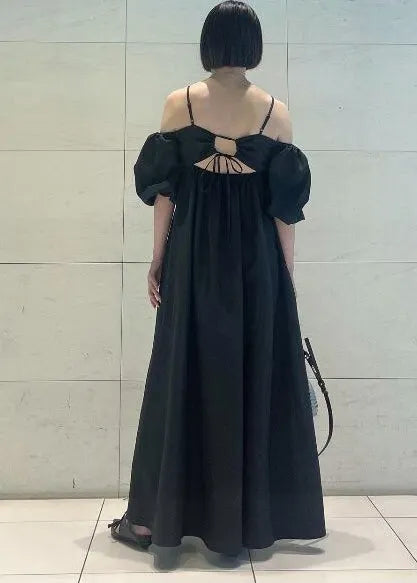 French Black Backless Cotton Party Dresses Puff Sleeve