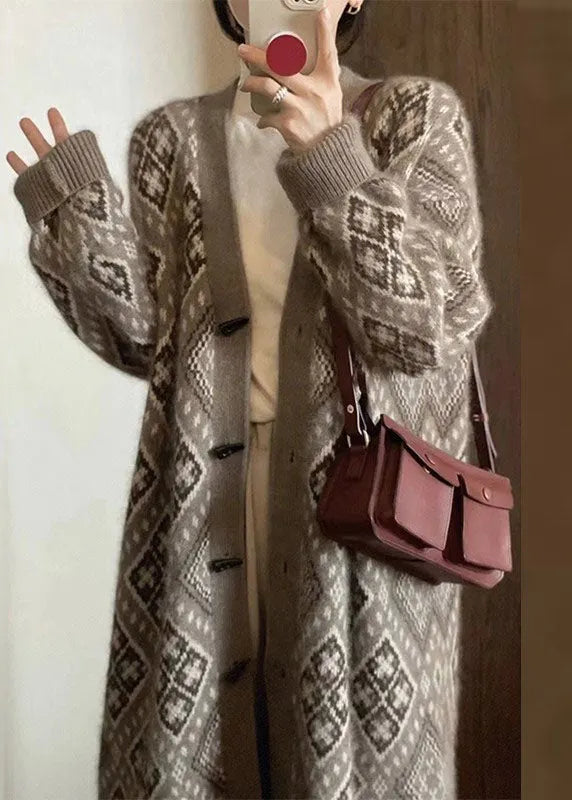 Art Coffee V Neck Print Knitted Cotton Cardigans Long Sleeve