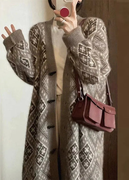 Art Coffee V Neck Print Knitted Cotton Cardigans Long Sleeve