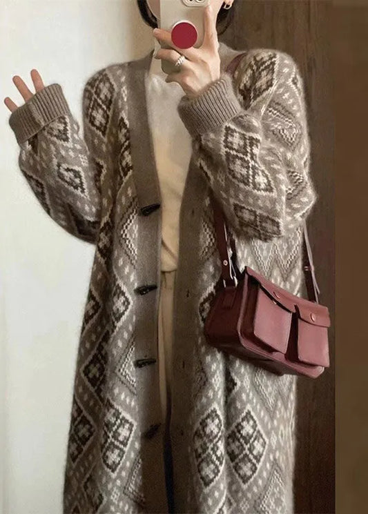 Art Coffee V Neck Print Knitted Cotton Cardigans Long Sleeve