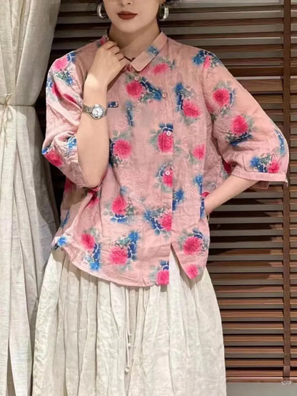 Summer Flower Slant Button-up Ramie Shirt