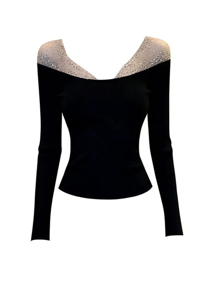 Black V-neck Tulle Patchwork Knit Top Spring