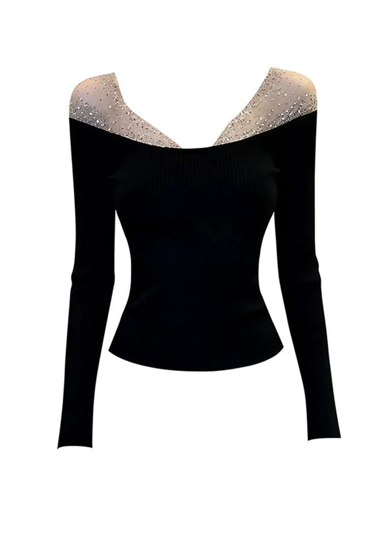 Black V-neck Tulle Patchwork Knit Top Spring