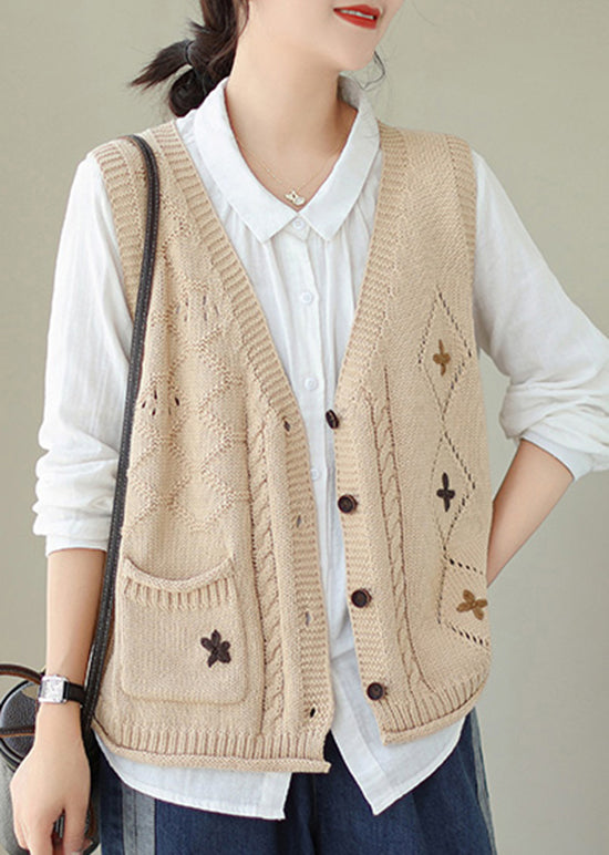 Versatile Beige V Neck Embroideried Knit Vest Fall