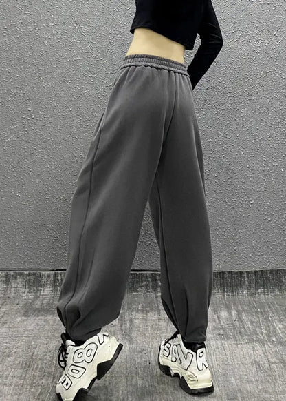 Grey Pockets Elastic Waist Cotton Beam Pants Fall