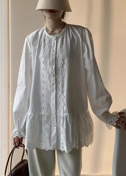 White Lace Button Cotton Shirt Fall