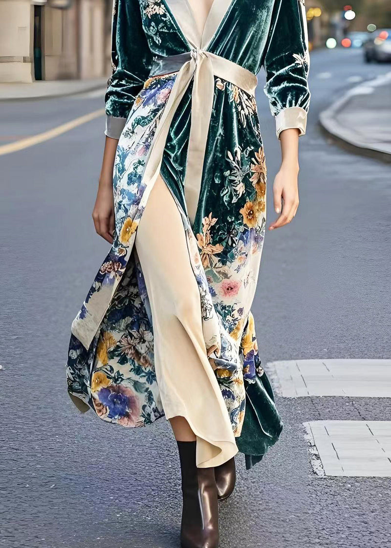 Peacock Green Cinched Print Side Open Silk Velvet Dresses Spring