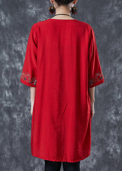 Red Embroidered Linen Mid Dresses Summer