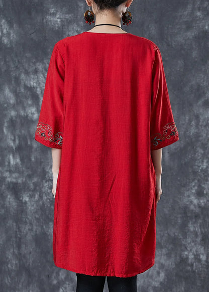 Red Embroidered Linen Mid Dresses Summer