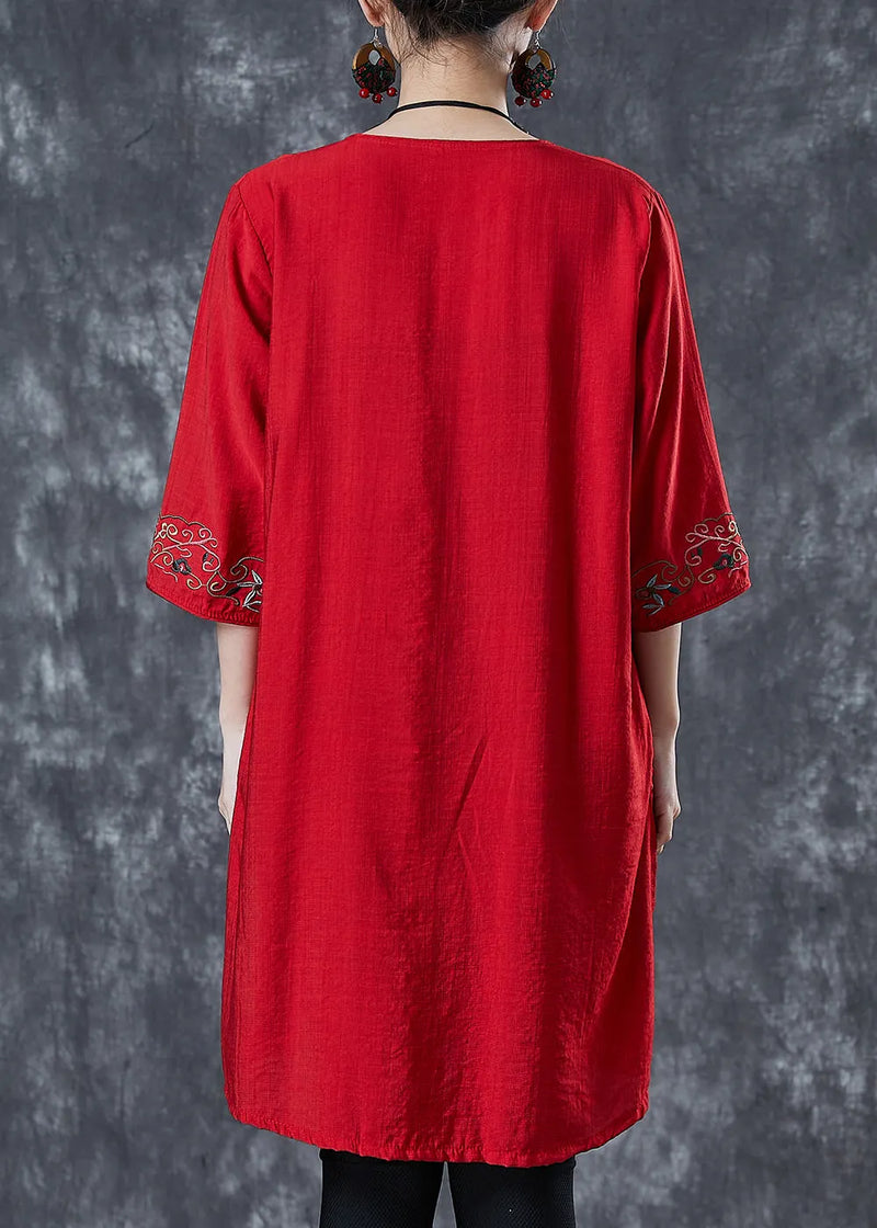 Red Embroidered Linen Mid Dresses Summer