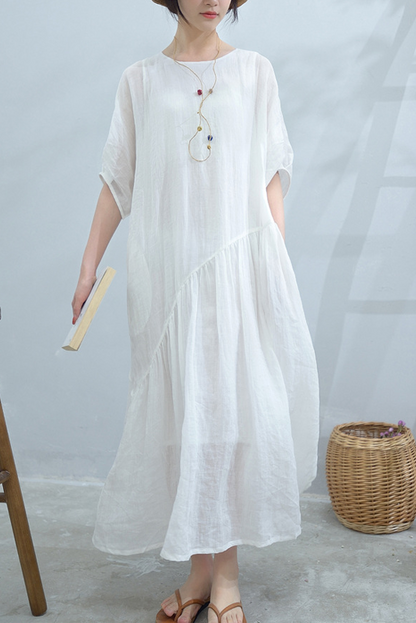 Summer Simple Puff Sleeve Dress Ramie Pleated Dress