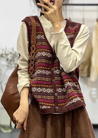 Green V Neck Button Cotton Knit Waistcoat Sleeveless