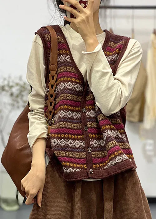 Green V Neck Button Cotton Knit Waistcoat Sleeveless