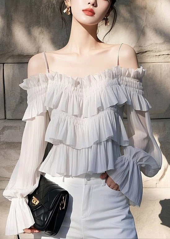 New Light Grey Ruffled Chiffon Blouses Butterfly Sleeve